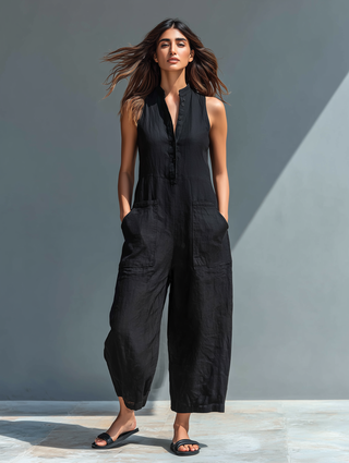Minimalistische mouwloze dames jumpsuit van linnenmix met openstaande kraag en knoopjes