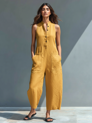 Minimalistische mouwloze dames jumpsuit van linnenmix met openstaande kraag en knoopjes