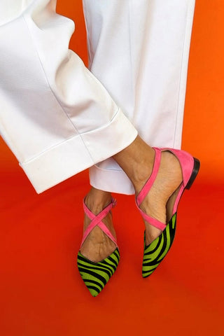 Zarella | Zebra-patented Flat Sandals with Crossed Ankle Straps